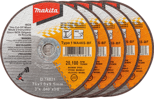 Makita MAK-D-74821-5 3in Type 1 General Purpose 46 Grit Thin Cut‑Off Wheel for Metal and Stainless Steel Cutting, 5/pk